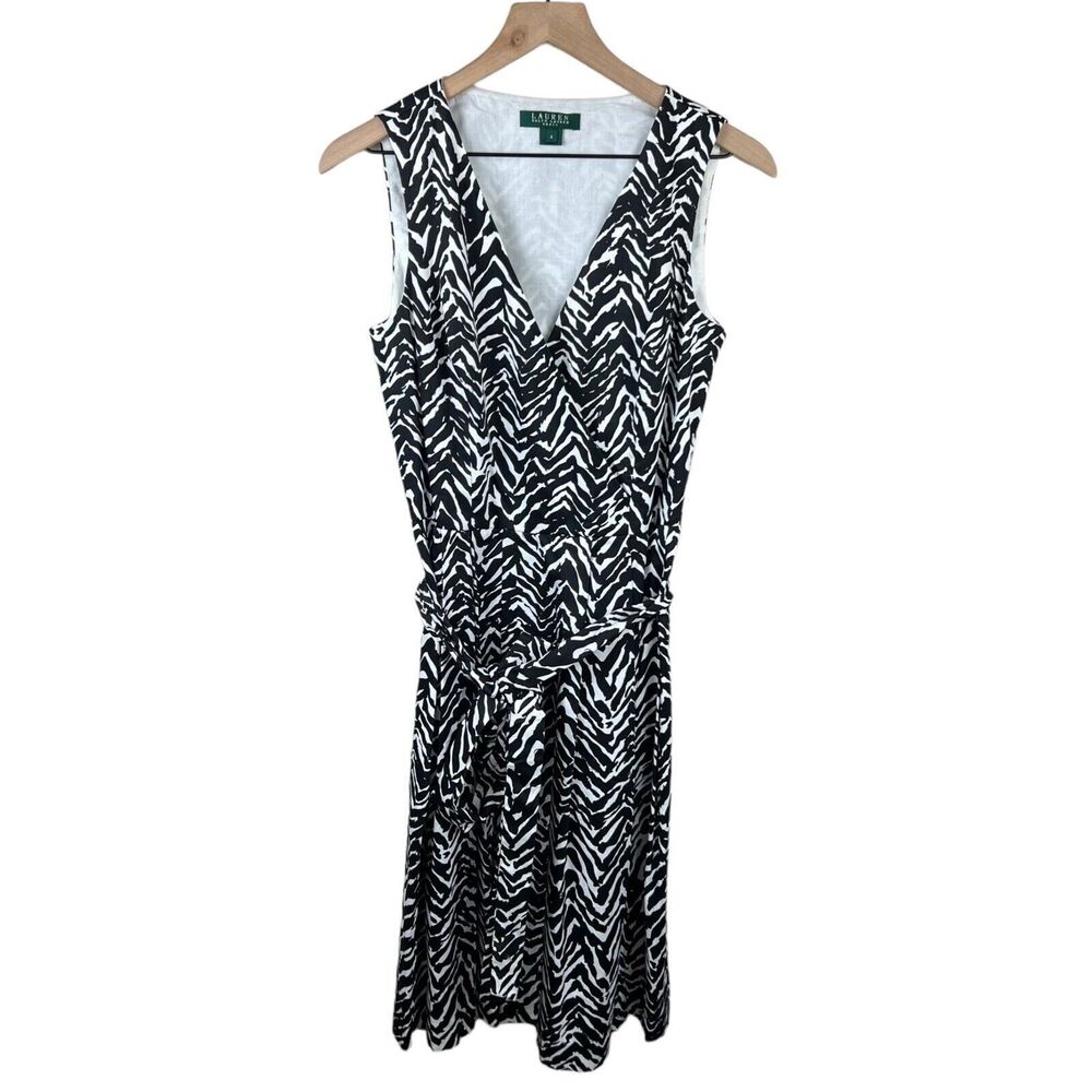 Lauren Ralph Lauren Womens Black White Zebra Sleeveless V Neck Tie Wasit Dress 8
